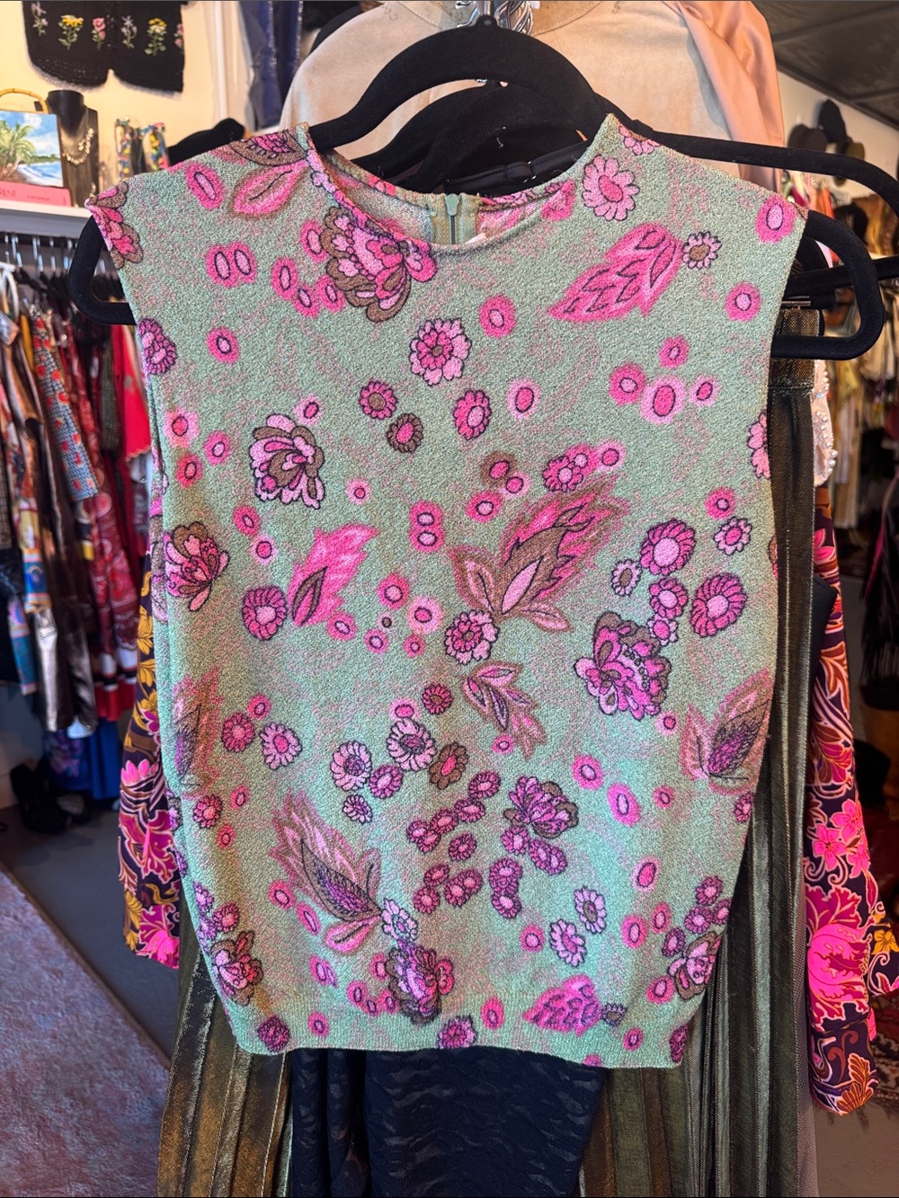 Vintage Floral Sleeveless Shimmer Knit Top - Pink on Green